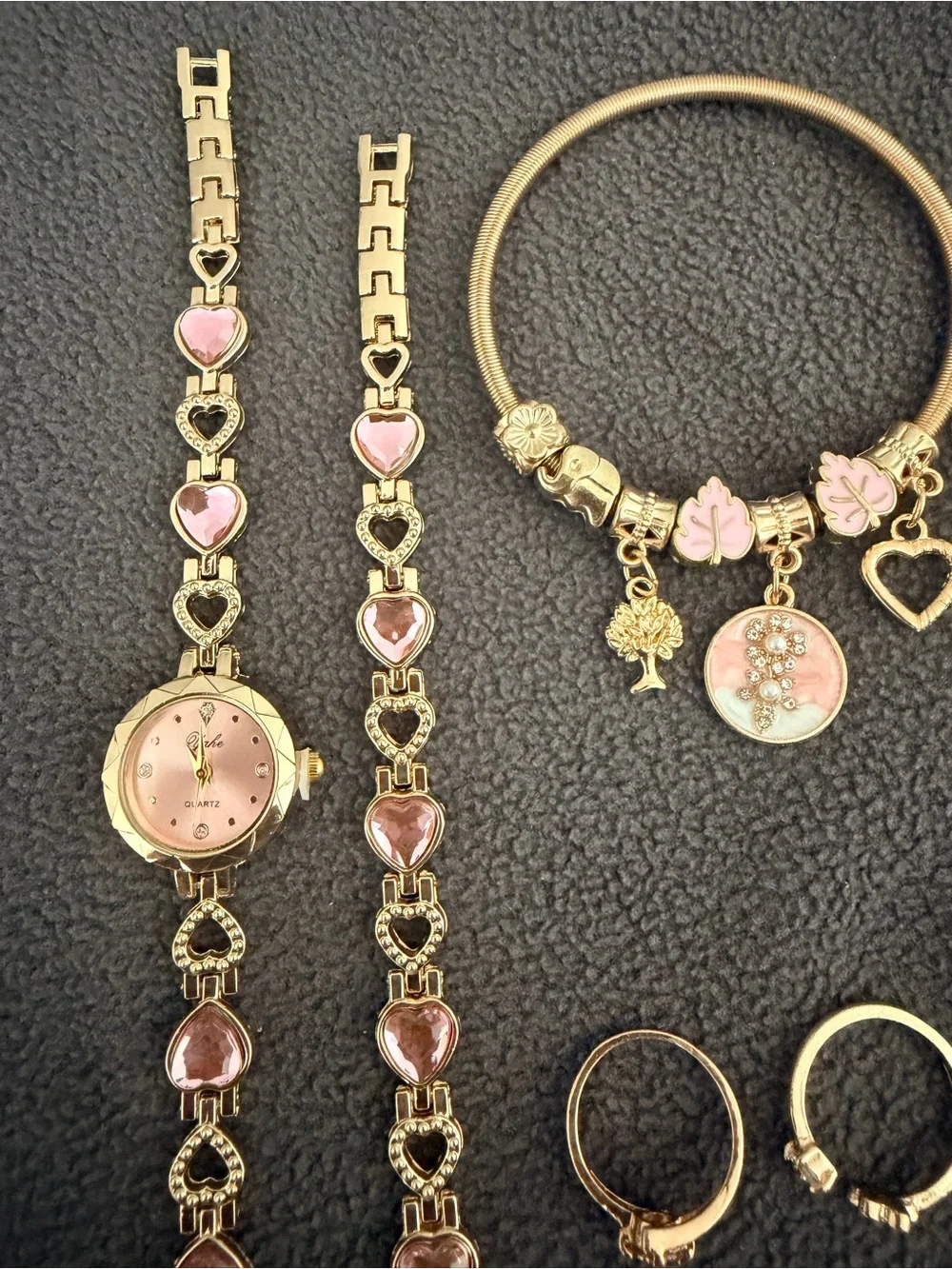 Gold-Tone Pink Heart Watch & Charm Bracelet Set